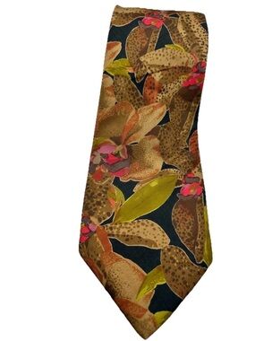 Men's Brown Floral Silk Tie with Olive and Pink Accents